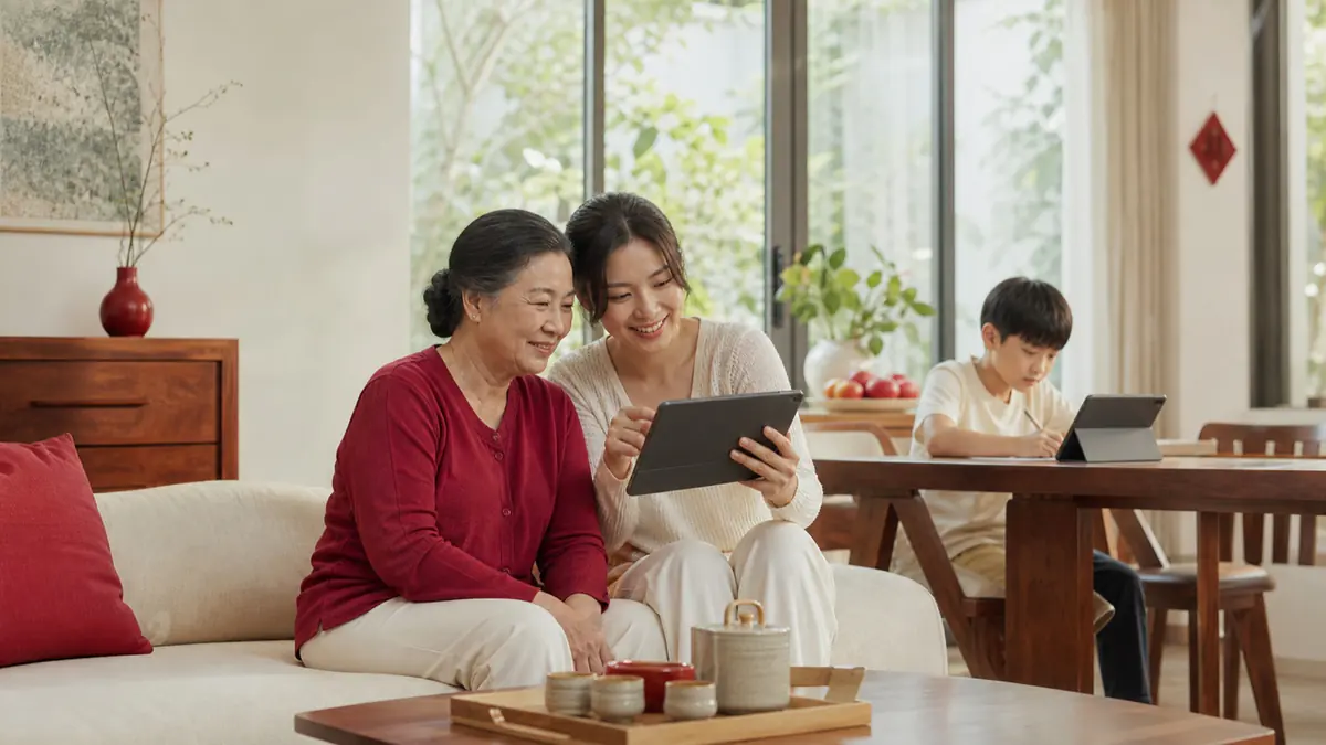 Ba thế hệ trong một gia đình Việt sử dụng công nghệ để chăm sóc sức khỏe và học tập